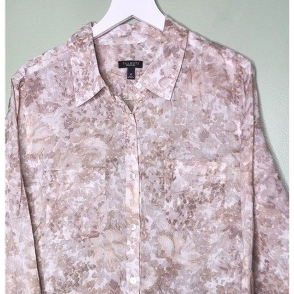 Talbots Beige Floral Button-Up Shirt Long Sleeve Sheer Preppy Resort Coastal 10